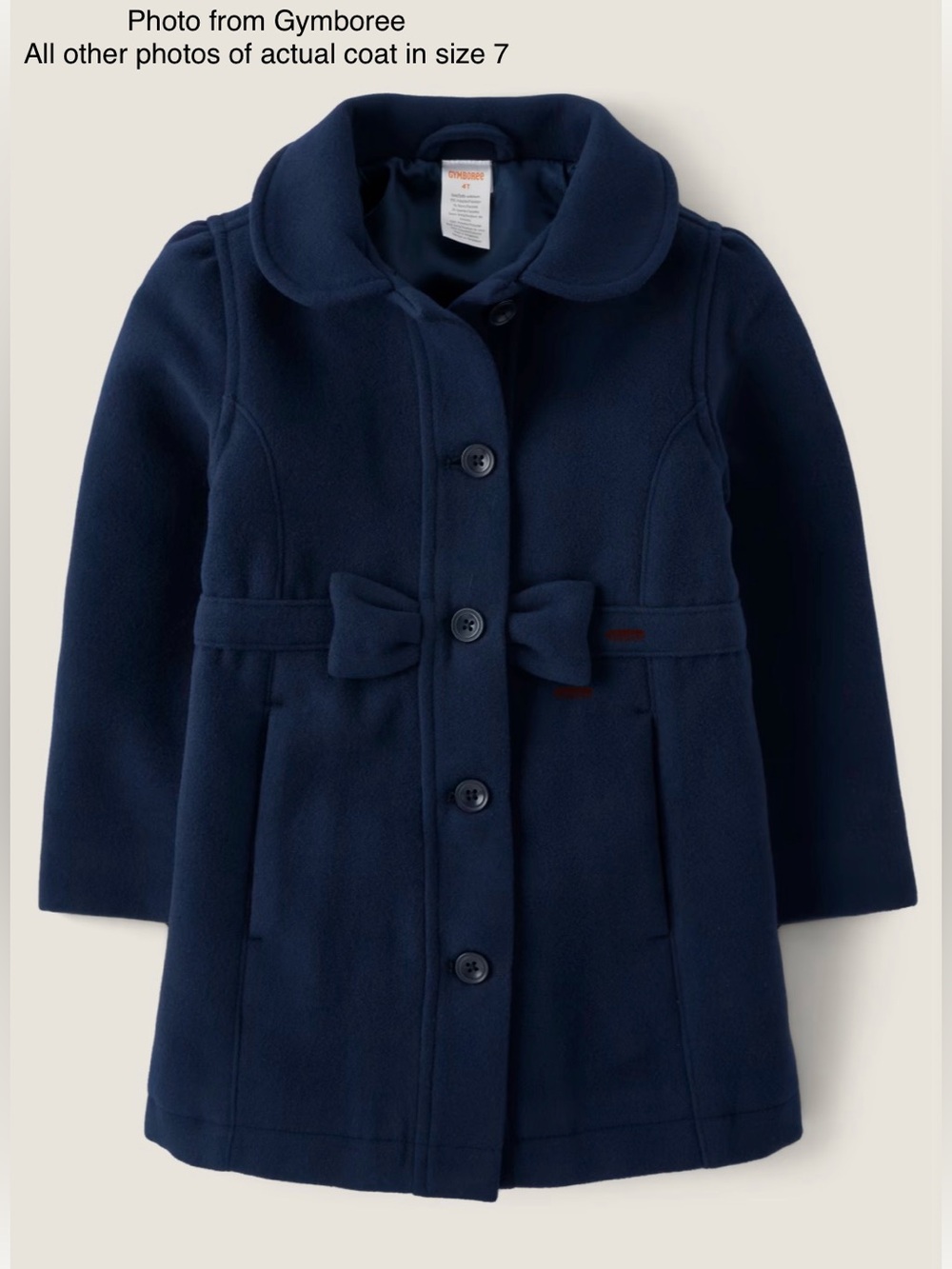 Gymboree Navy Dress/ Pea Coat Size 7 NWOT PeterPan Collar Bow Detail Fully Lined